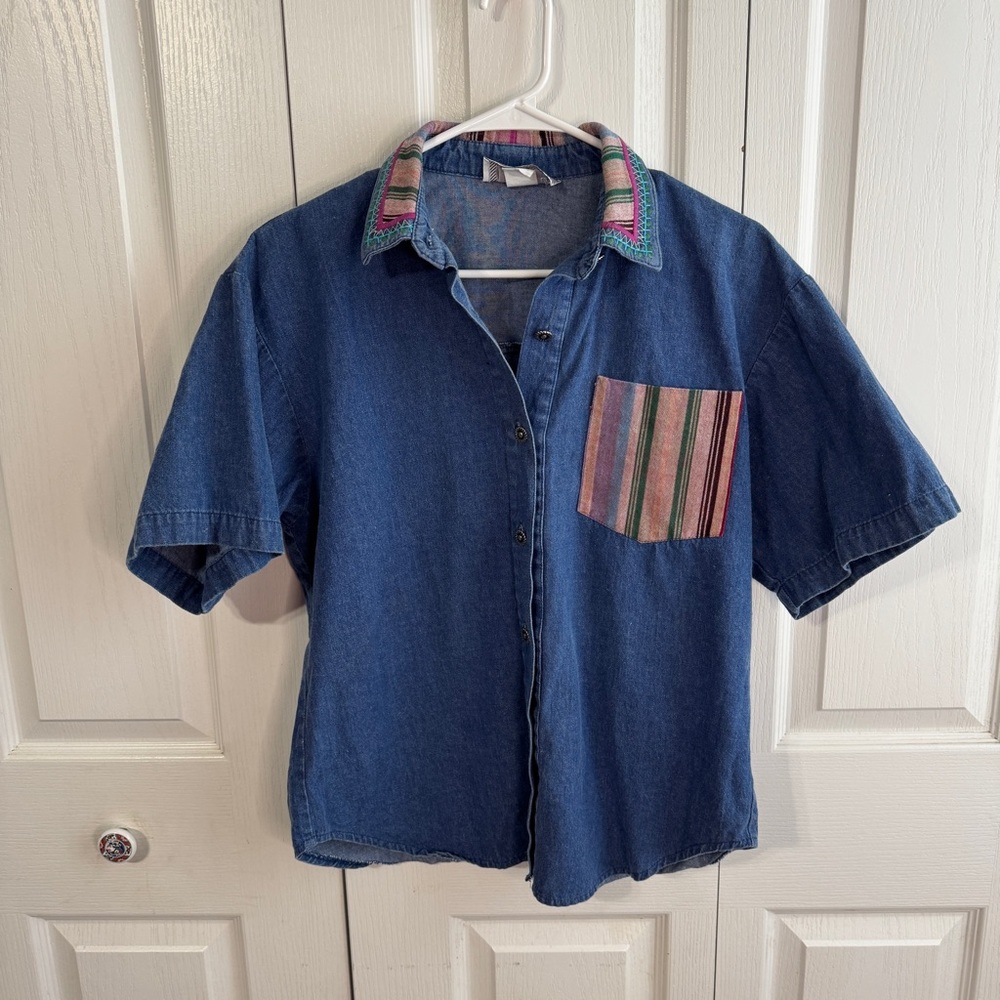 Starfire denim short sleeve embroidered floral button size‎ 10